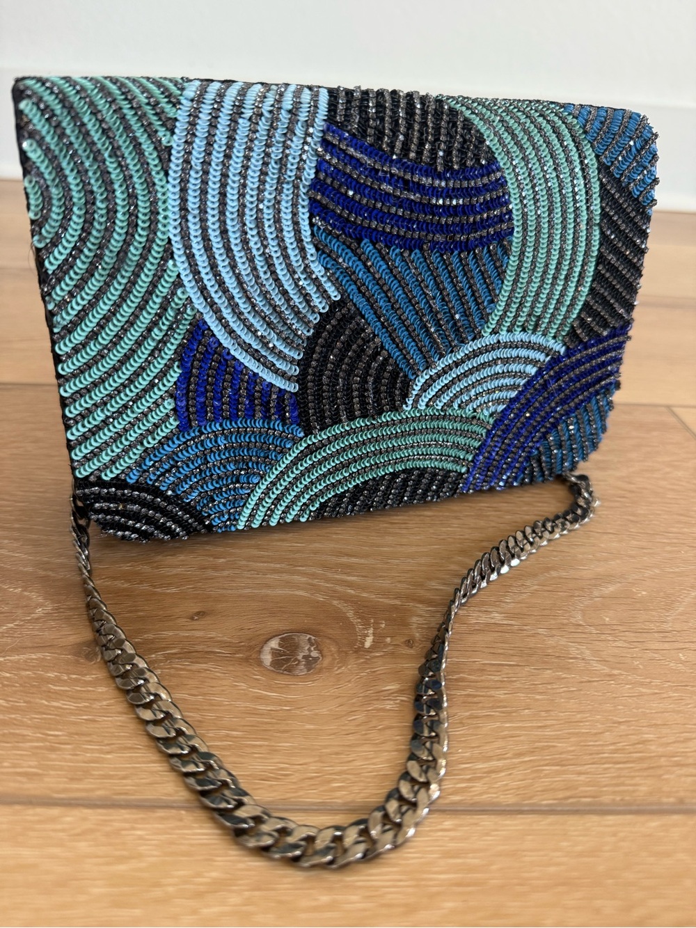 Deepa Gurnani Beaded Wave Pattern Evening Clutch in Teal & Blue